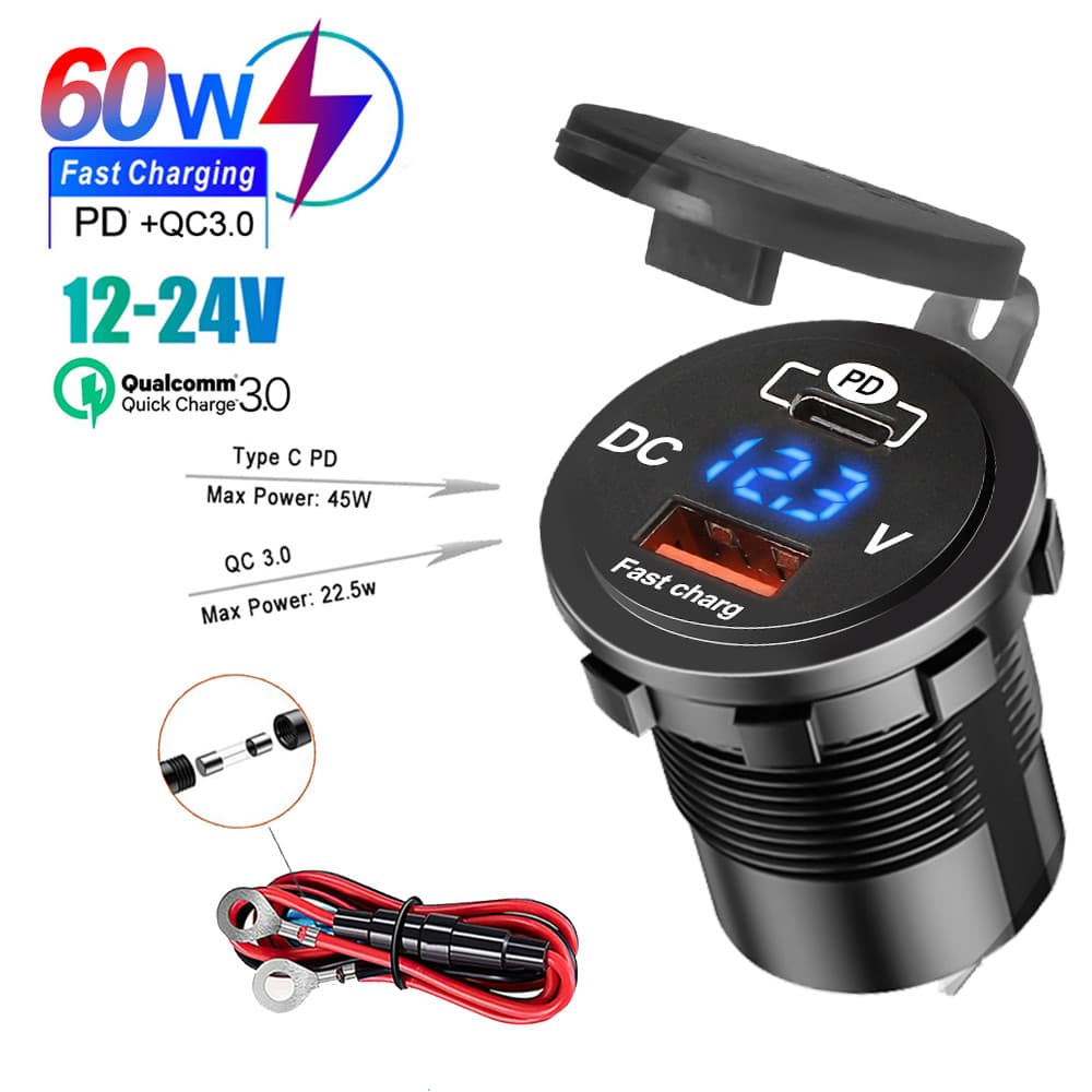Tomada De 60W PD QC3.0 Para Carregador De Carro Com Medidor De Voltagem Carga Rápida 3.0 Barco De Motocicleta 12V/24V