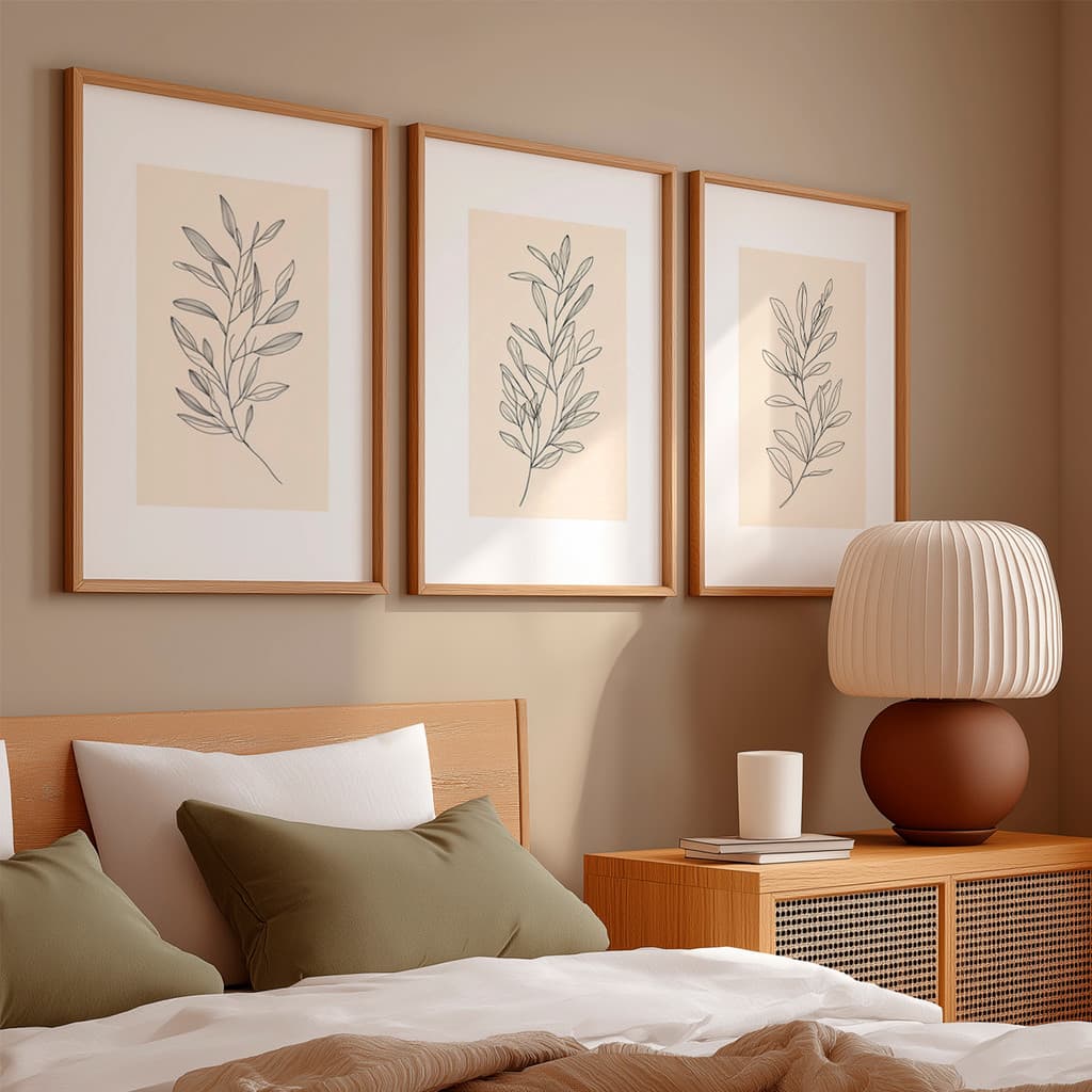 Kit 3 Quadros Decorativo Galhos Desenhados Fundo Claro Neutro Delicado Simples Com Moldura