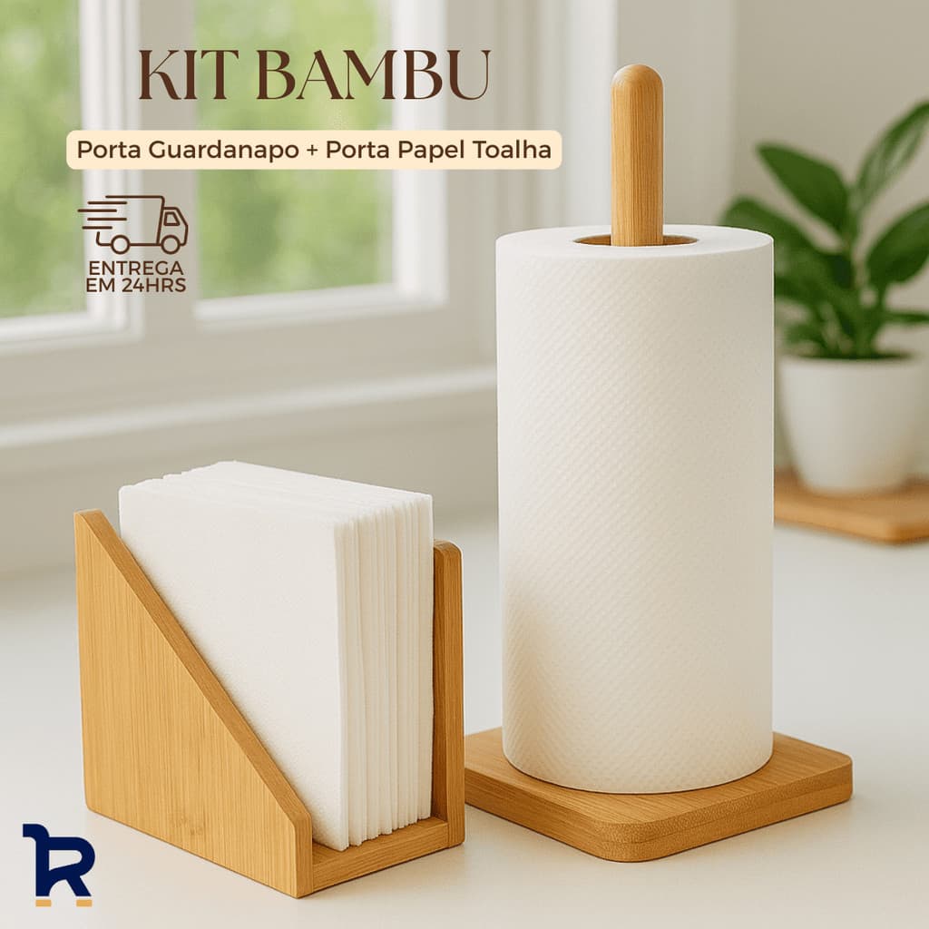 Kit Bambu Porta Guardanapo + Suporte de Papel Toalha Grande para Mesa Bancada Cozinha