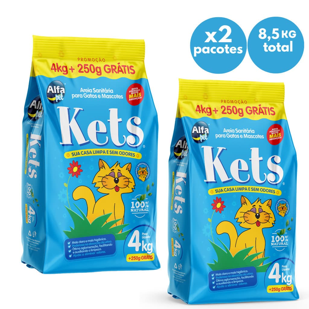Kit 2 Areia Kets Para Gato Higiênica Sanitária Elimina Odores 4,25kg