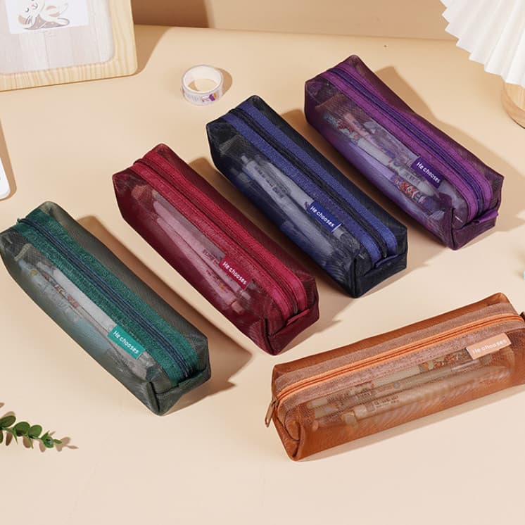 Retro Cor Transparente Malha Lápis Caso Grande Capacidade Exame Estudo Saco De Armazenamento Estudante Portátil Caneta M