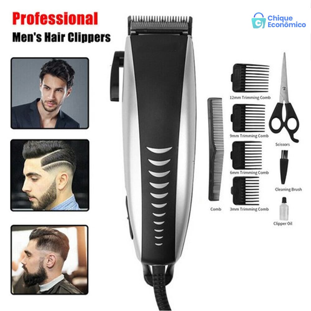 Máquina De Cortar Cabelo Barbeador Aparador Profissional Acabamento Barba 9 Peças Elétrico 110V