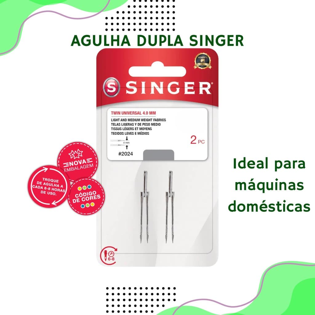 Agulha Dupla Singer 4mm 3mm para Máquina Doméstica | Kit com 2 Unidades | Modelo 2024 2025