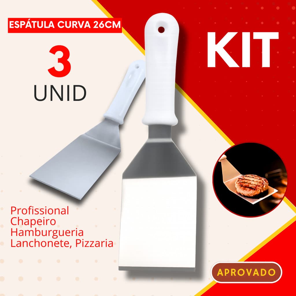 Espatula Curva Kit 3, 2 ou 1 Peça para Chapeiro Hamburgueria Pizzaria Restaurante Lanche Hamburguer