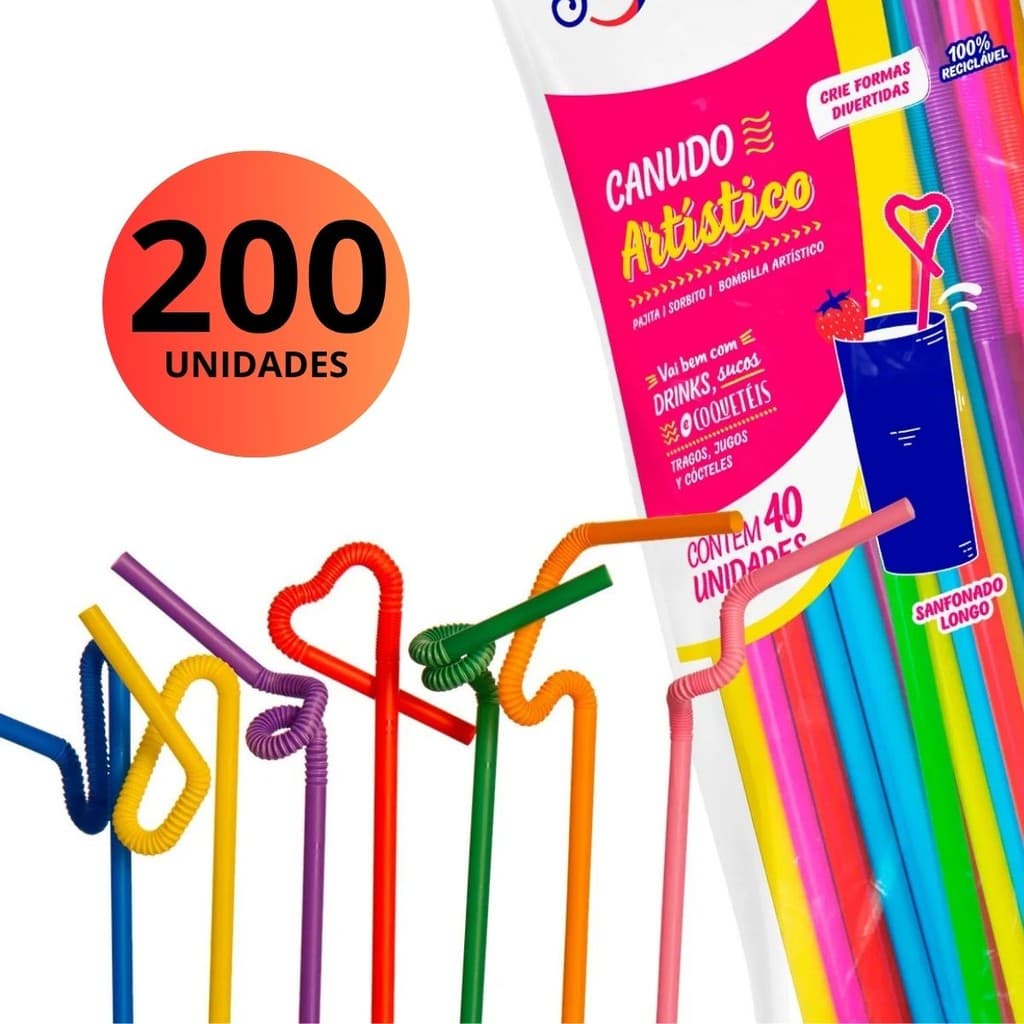 Canudo Artistico Flexível Colorido C/200 Enfeite para Drink un - Strawplast