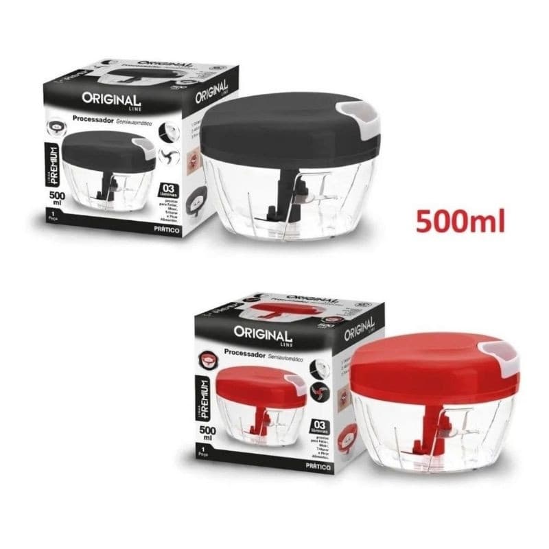 KIT 2 Processador de alimentos manual 3 Lâminas aço Inox 500ml Triturador de Alho e muito mais