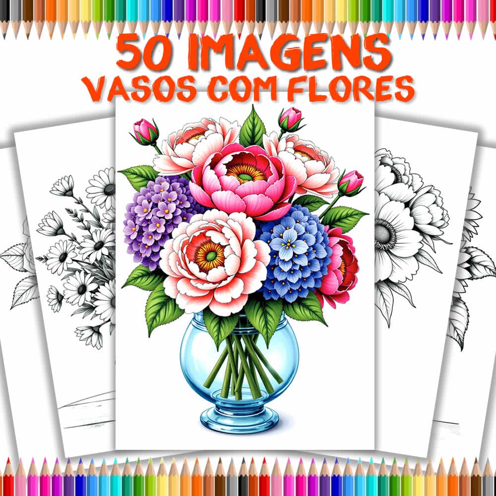 Livro de Colorir Adulto Antiestresse Vasos com Flores | 50 Desenhos Relaxantes | Arteterapia COL26