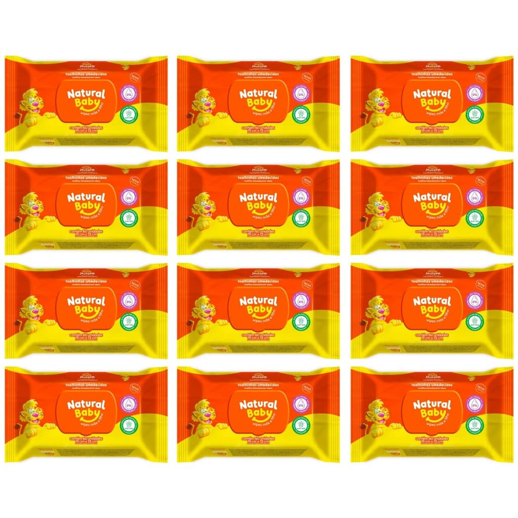 kit 12 pacotes de Toalhas Umedecidas Natural Baby 60 unidades