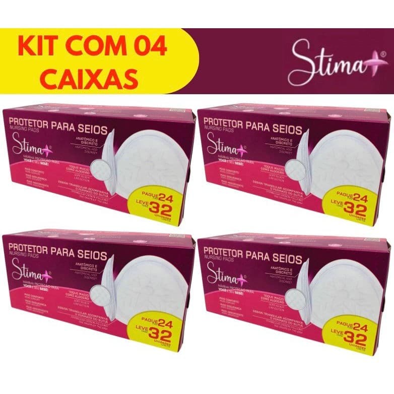 KIT 04 CAIXAS ABSORVENTE PROTETOR DE SEIOS STIMA+ C/128 UN CADA CAIXA COM 32 UM TOQUE MACIO – TECNOLOGIA NACIONAL