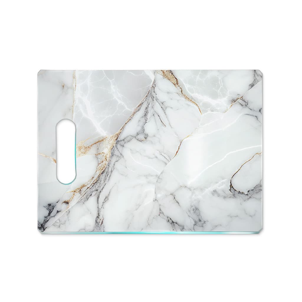 Tábua de Carne de Vidro 35x25 - Efeito Mármore - Branco e Dourado