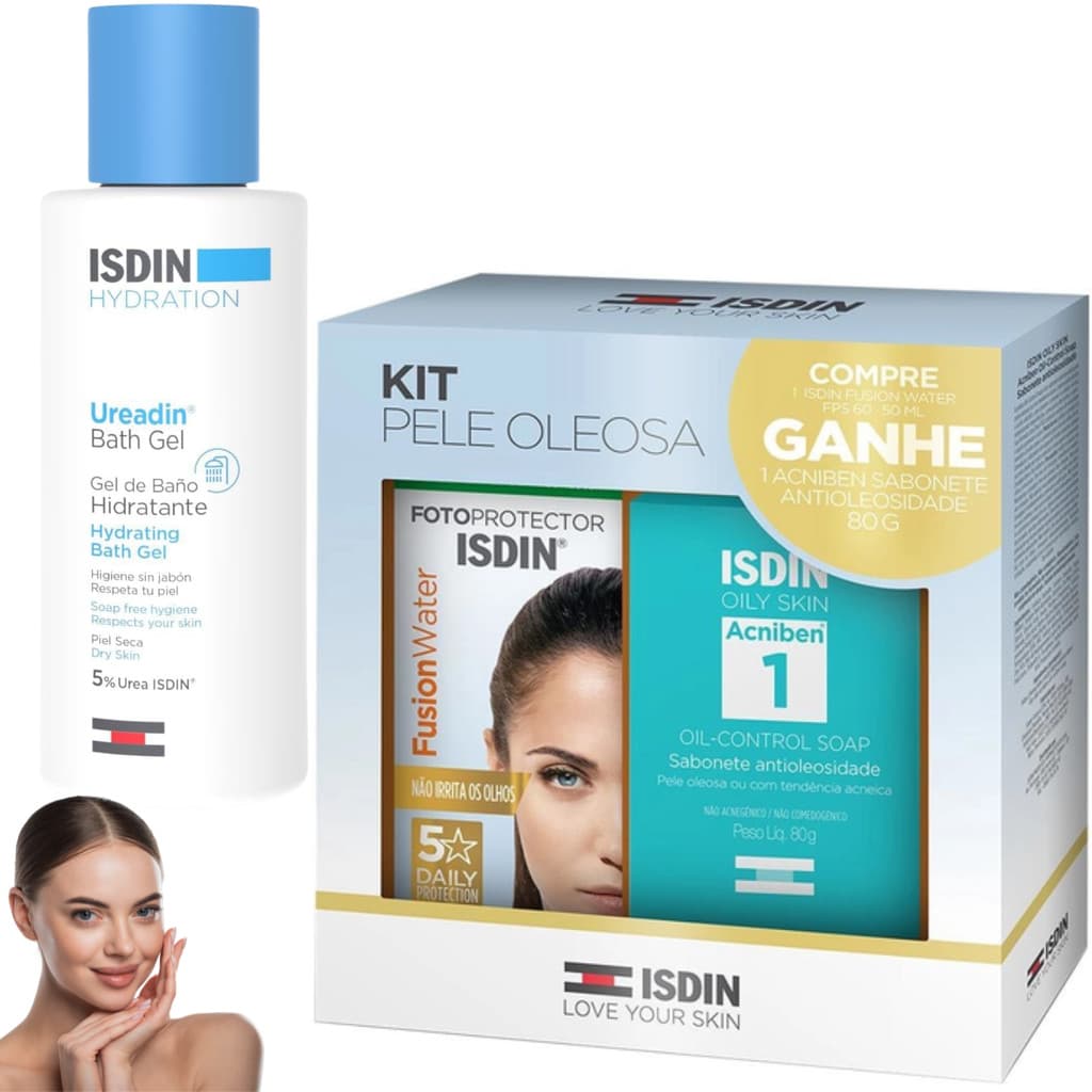 Kit Isdin Fusion Water Oil Protetor Acniben Gel de Banho Ureadin Bath Sabonete em Barra FPS50