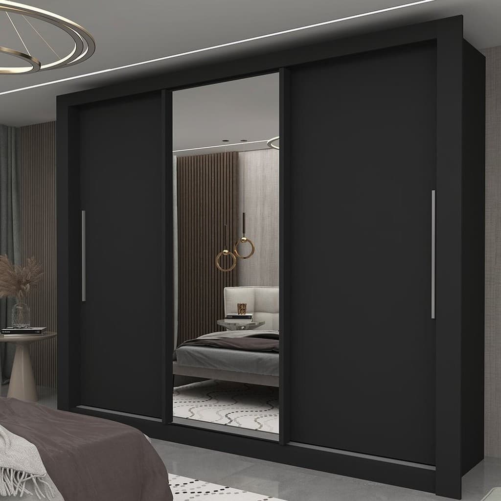 Guarda-roupa Casal 3 Portas 1 Porta Espelhada Milão Yescasa 100% MDF Preto