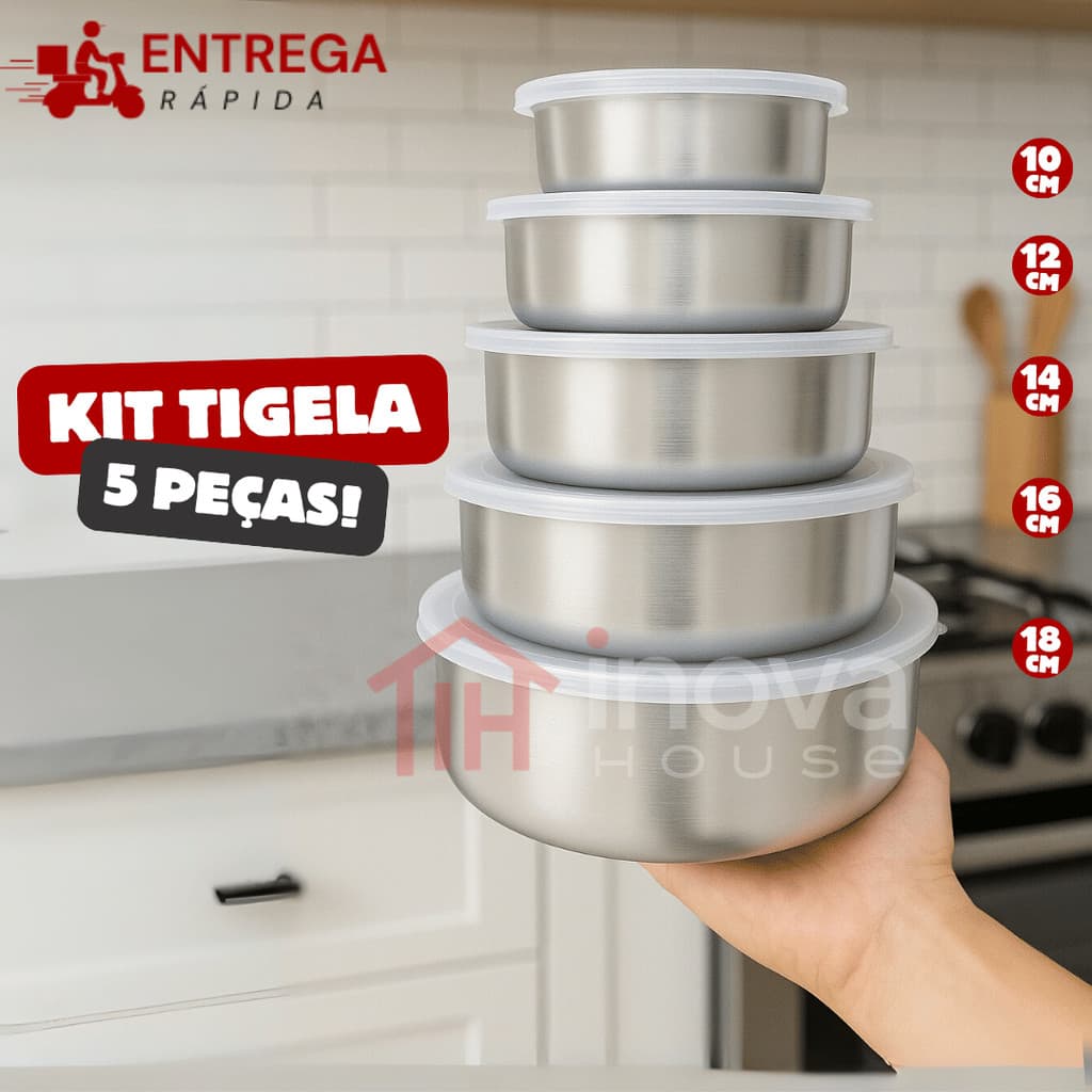 Jogo 5 Pote Tigela de Inox c/ Tampa Hermética Kit Organizadores Redondos para Cozinha 285ml a 1430ml