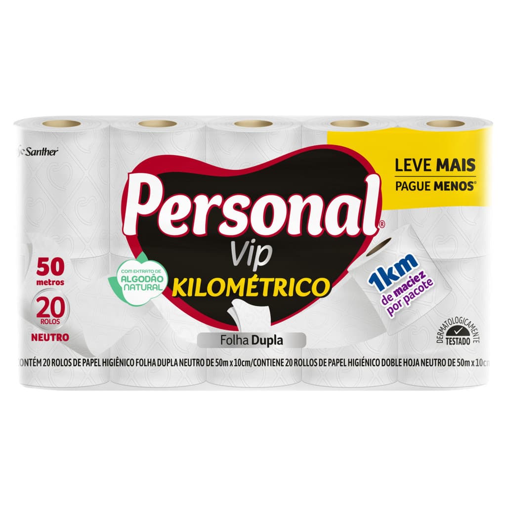 Papel Higiênico Personal Vip Kilométrico Folha Dupla 20 Rolos de 50m