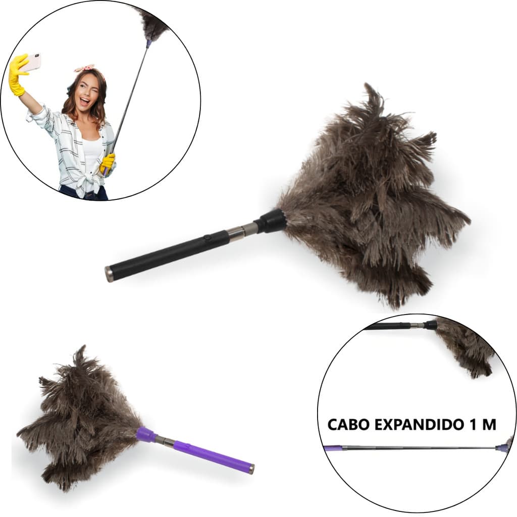 Espanador De Pó C/ Cabo Extensivo Penas Naturais De Avestruz