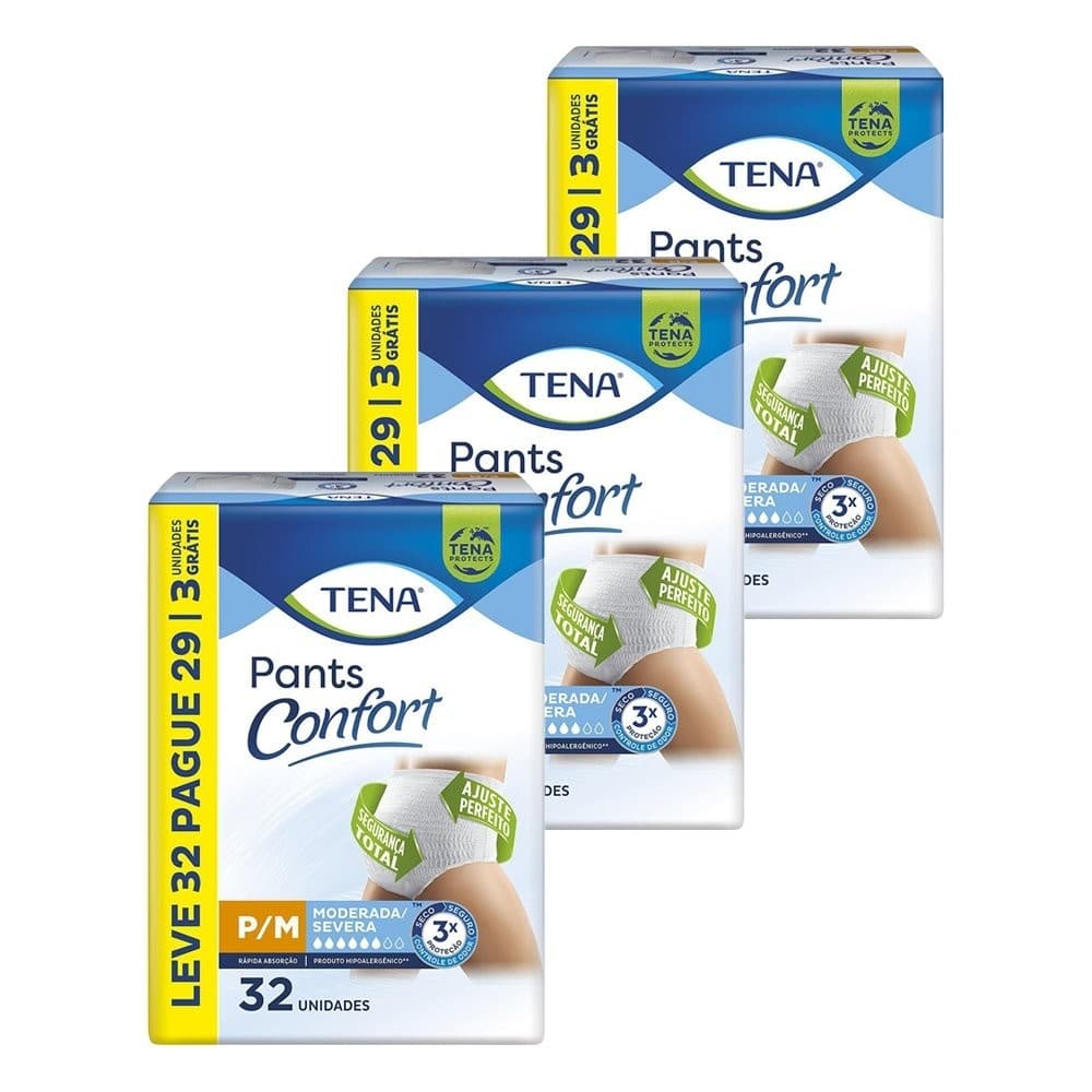 Fralda Descartável Tena para Adulto Pants Confort - 3 Pacotes com 32 Fraldas - Total 96 Tiras-Leve 32 Pague 29