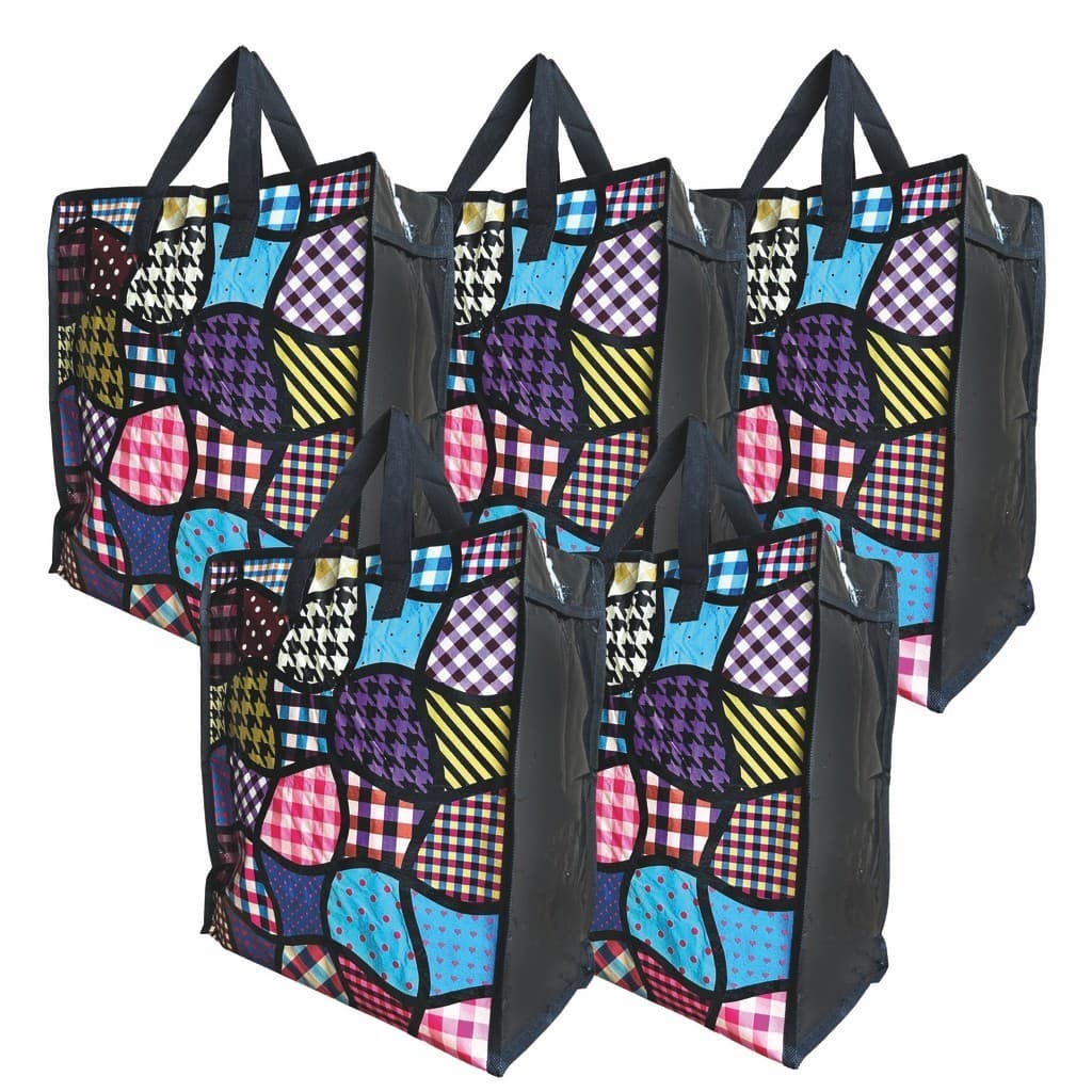 Kit com 5 Sacolas Bolsa Nylon Feira Média Sacoleira Mudança com Zíper