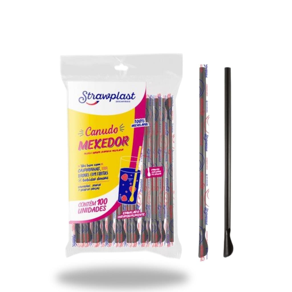 Canudinho Colher Mexedor Drink Long Drink Preto ou Transparente Pacote 50 Unidades