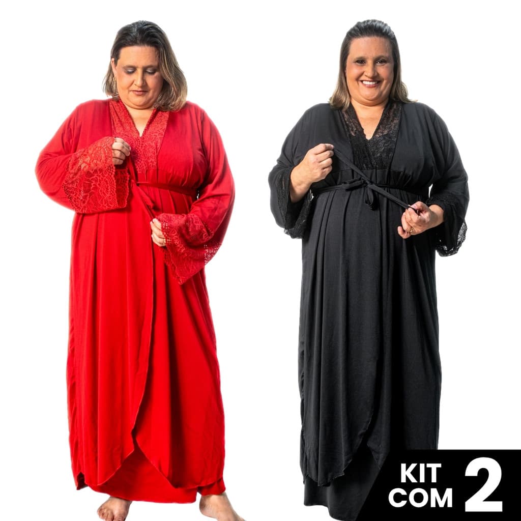 Kit 2 Robes Feminino Longo Plus Size  Com Faixa Gestante Maternidade Pós Parto Roupa Dormir e Banho