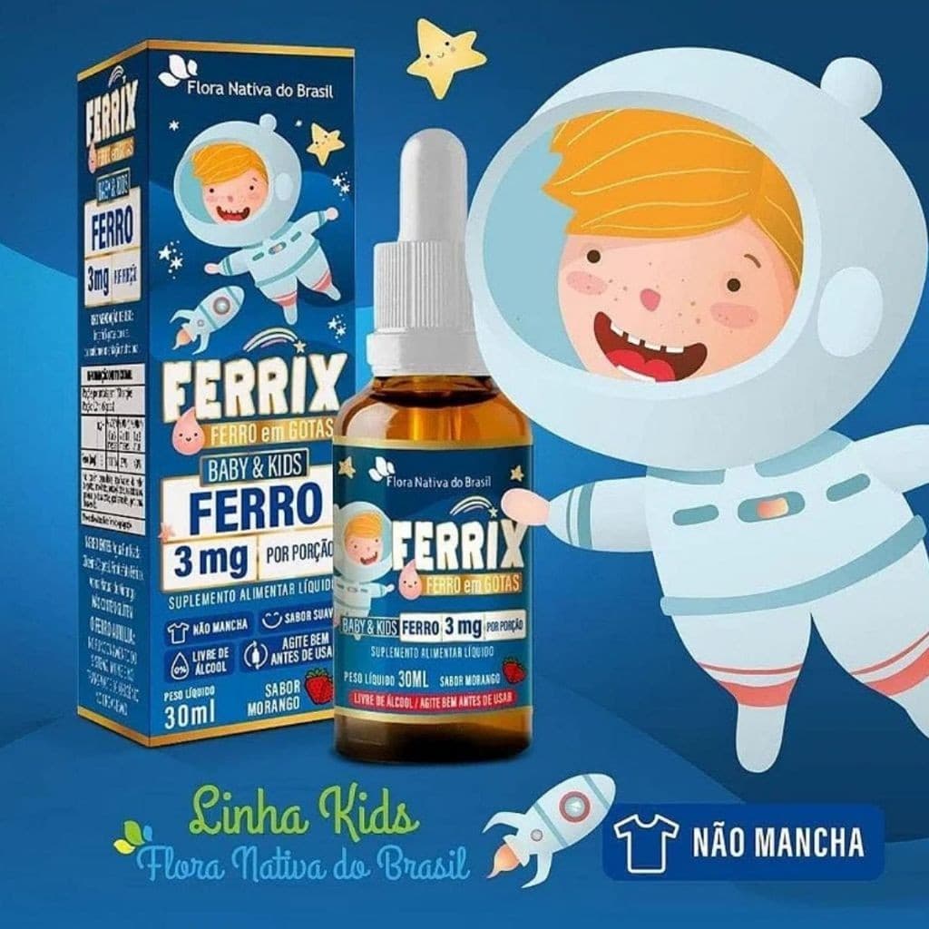 Ferrix Kids Suplemento de Ferro em Gotas (Ferro 5mg/porção) 30ml sabor morango - Flora Nativa