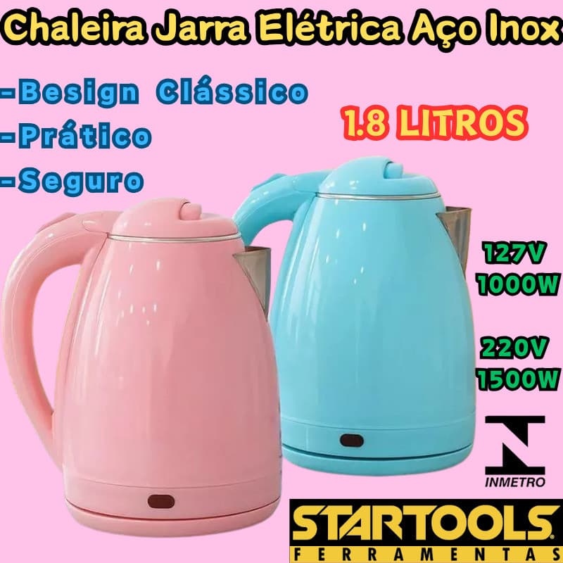 Chaleira Jarra Elétrica Inox Rosa Ou Azul 1500W 220V Ou 1000W 127V 1,8L Rápida Ferve Água Automática