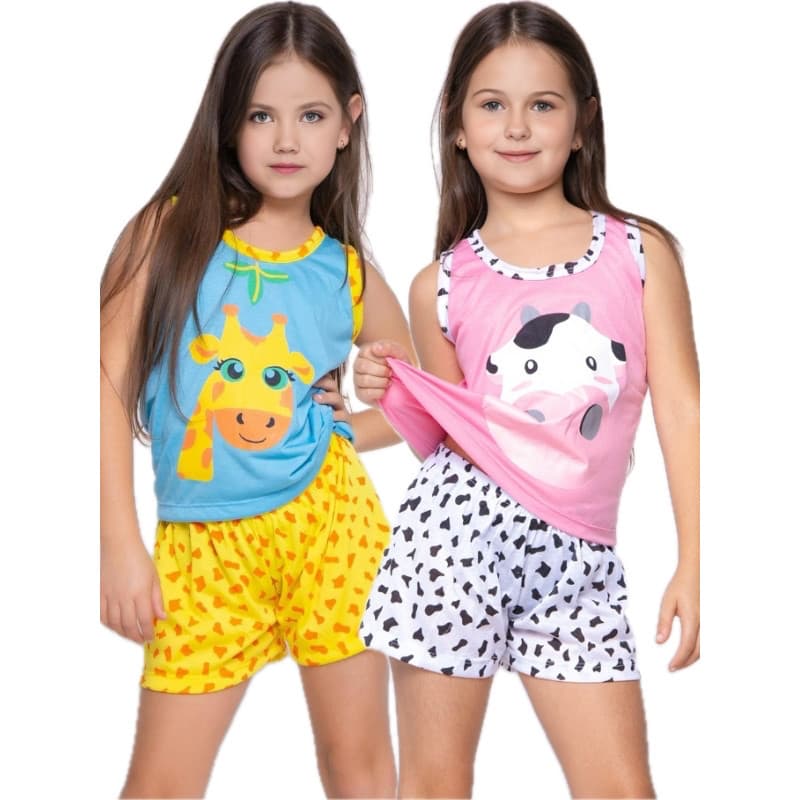 Kit 2 Pijama Infantil Estampado Kids Menina Menino Criança Regata Verão Manga Curta Calor Roupa Dormir