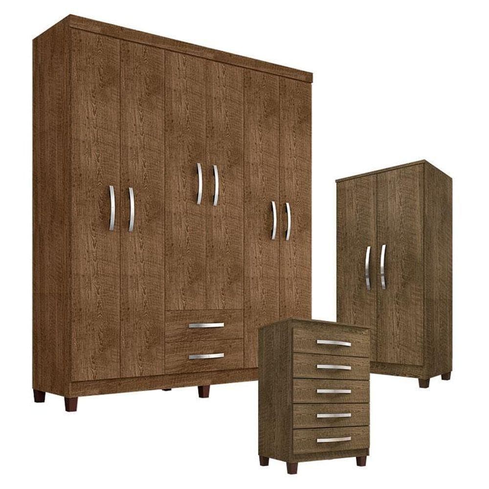 Guarda Roupa Casal Modena Com Cômoda Cannes 5 Gavetas E Armário Multiuso Recife Malbec - Incorplac