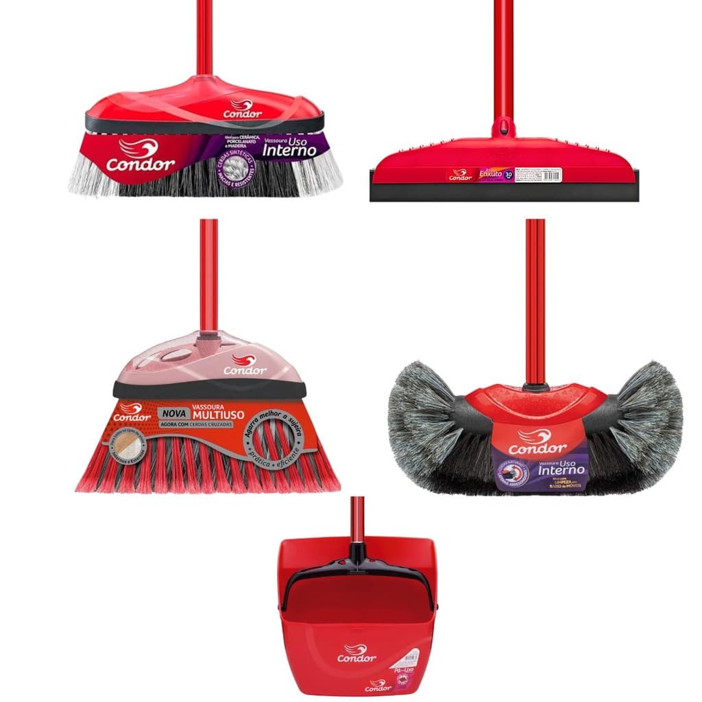 Kit Limpeza 1 Vassoura Pelo Natural 1 Vassoura Varre Muito 1 Vassoura Varre Fácil 1 Rodo 1 Pá Condor