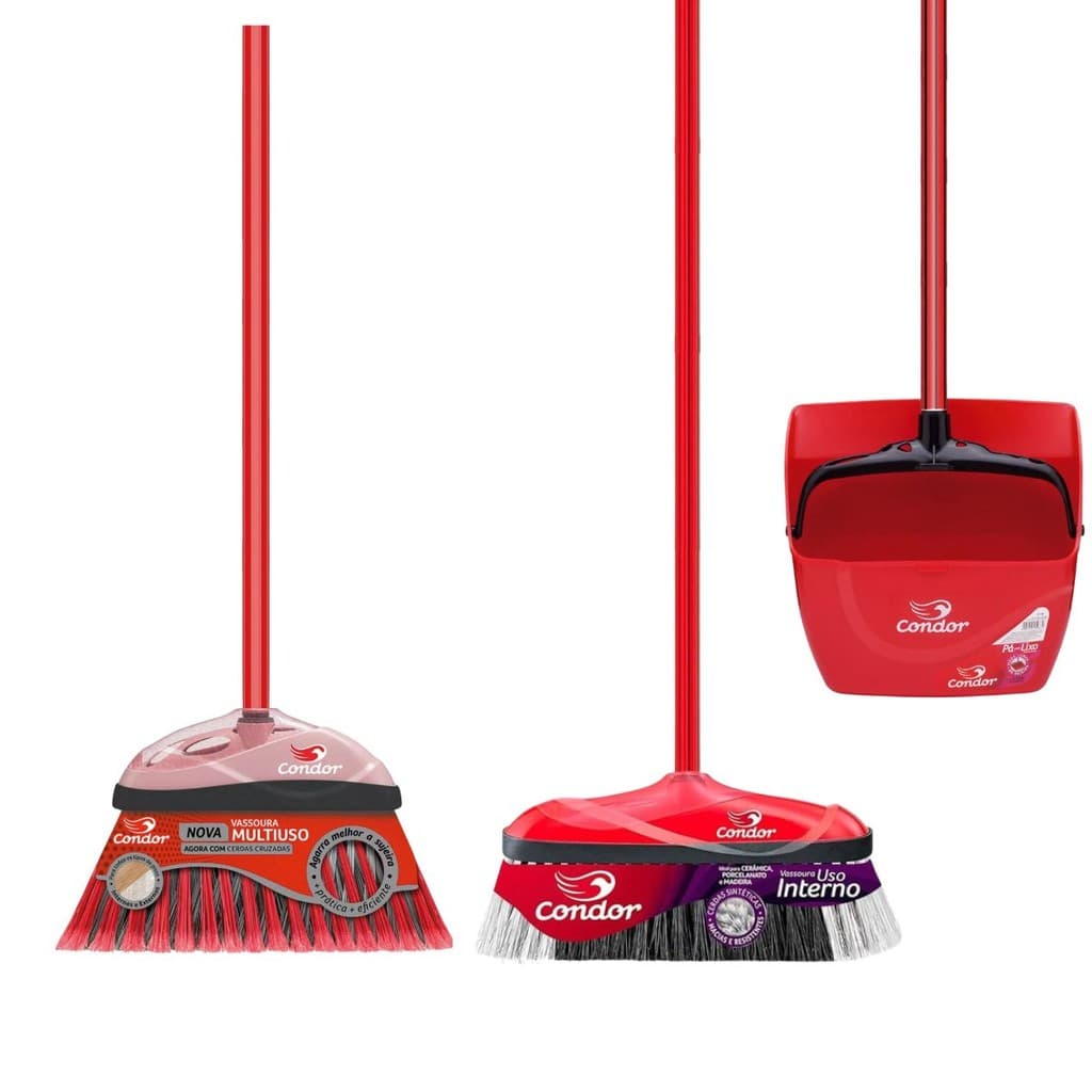 Kit Limpeza Completo 1 Vassoura Varre Muito 1 Vassoura Varre Fácil 1 Pá De Lixo Com Caçamba Com Cabo Qualidade Condor