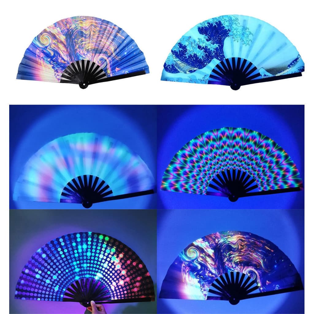 Ventilador leque de 35cm Grandes Dobráveis  Fluorescentes UV Gradient Colorful Reflective Fan Music Festival Dance Fans