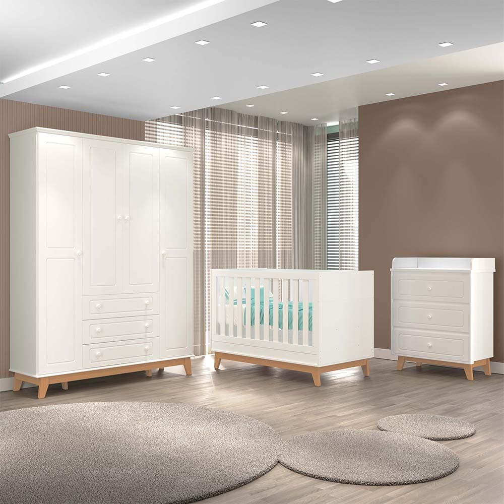 Quarto Infantil Triplo 100% MDF com Berço 2 em 1 Noah Guarda-Roupas Lorenzo e Cômoda Pietro