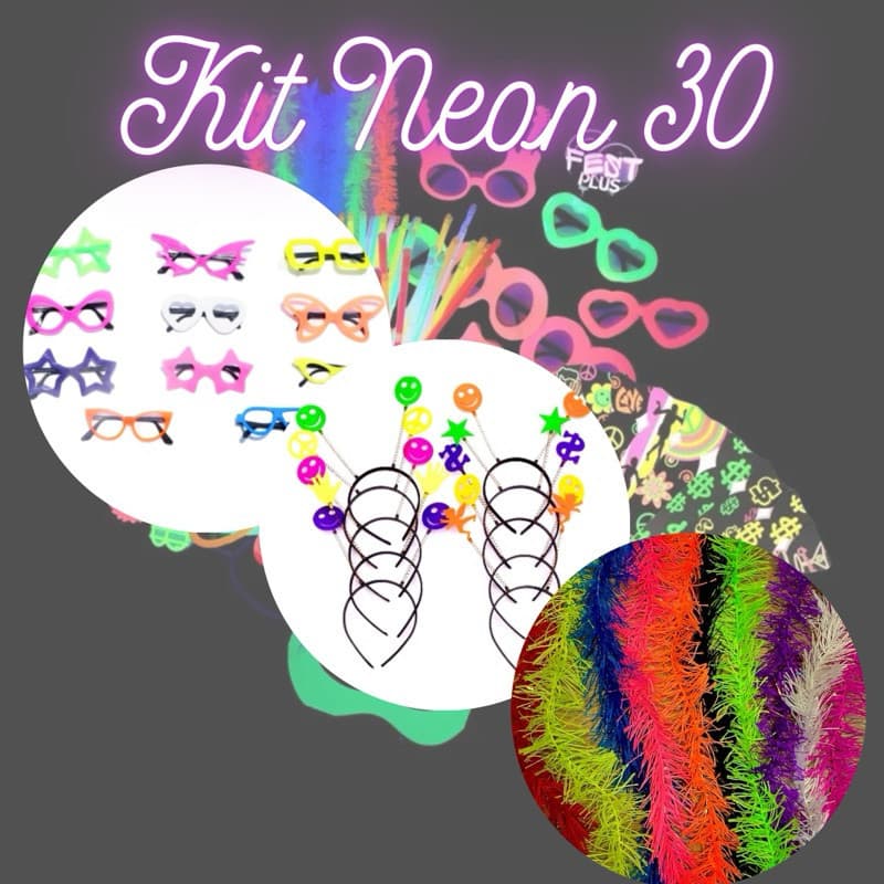 kit neon 30 óculos tiara e marabu luz negra festa