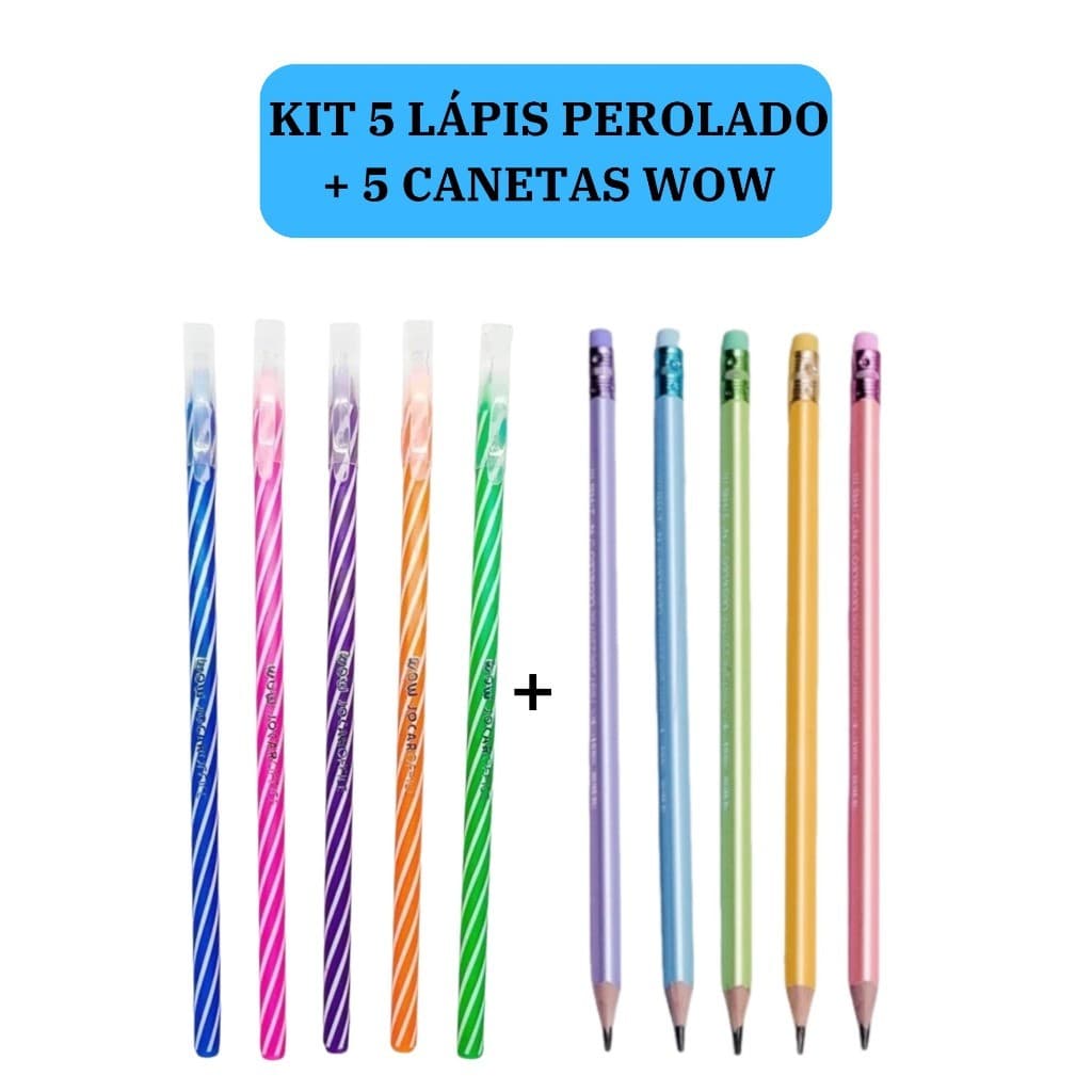 Kit 5 Lápis de Escrever HB Perolado com Borracha  Escolar  Leo&Leo + 5 Canetas Esferográficas Wow 0.7mm Coloridas