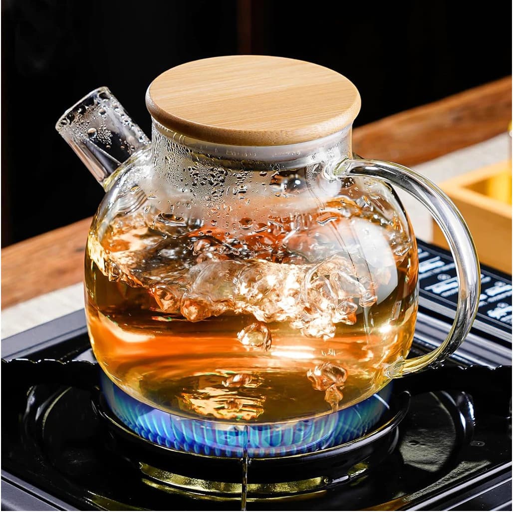 Chaleira de Vidro Tampa de Bambu Jarra Bule infusor Resistente a Calor Borossilicato 1L