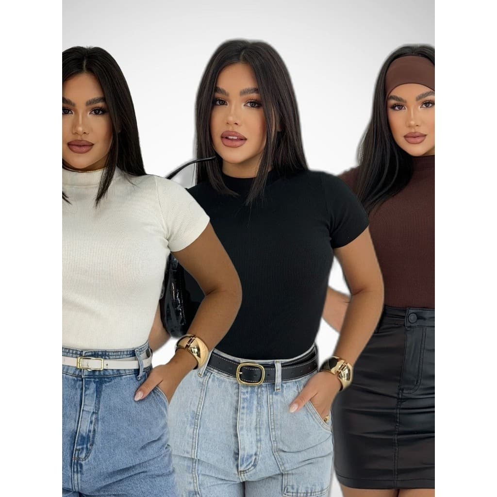 Camiseta Blusa Básica  Canelada Ribana Premium Casual Moda Gringa Gola Alta Promoção