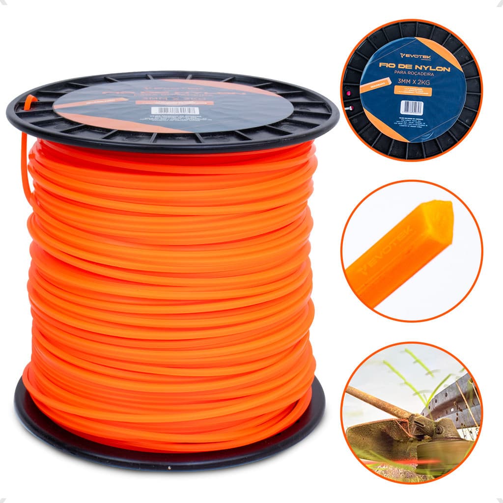 Fio de Nylon Quadrado 3mm 230m Laranja Alta Resistência p/ Roçadeira Stihl Husqvarna Cortador Grama