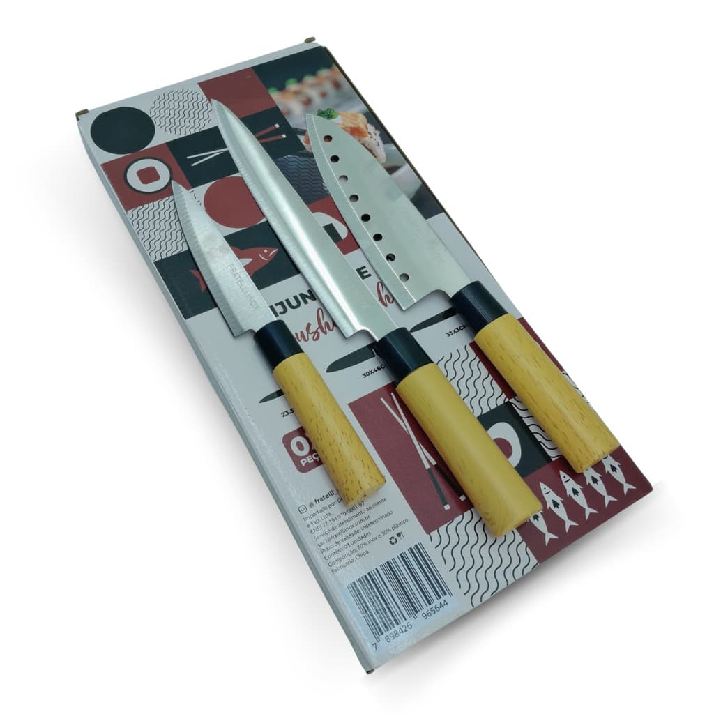 Jogo de 3 Facas Sashimi Faqueiro Aço Inox com Cabo de Madeira Japonês para Sushi Asia Fratelli