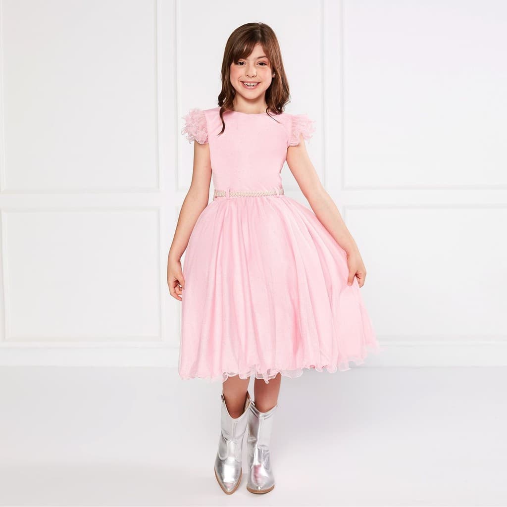 Vestido Glitter Rosa Manga Godê De Festa Infantil Rodado