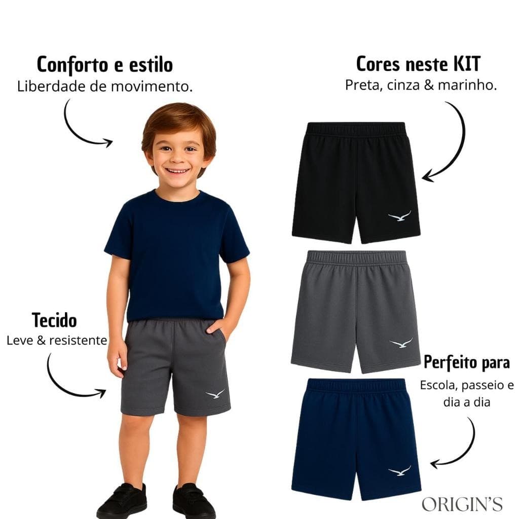 Kit 3 Bermudas Infantil Com Elastico e Cordão de 4 a 16 Bermuda Para Criança Bermuda Para Menino