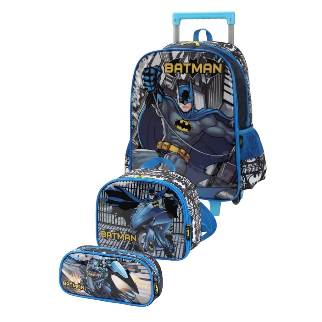 Kit Mochila Carrinho + Lancheira + Estojo - Batman Azul - Luxcel