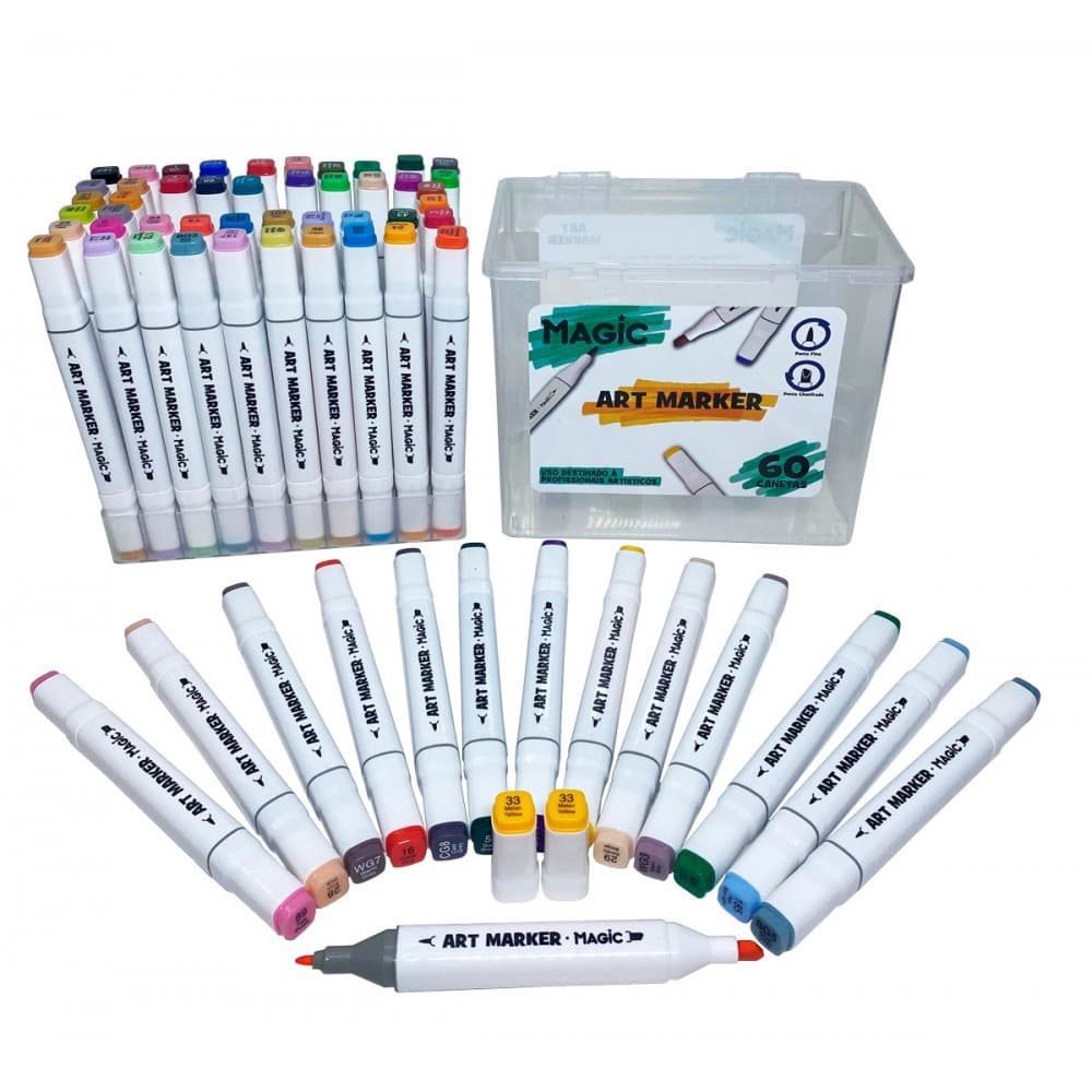 Kit Art Marker 60 Cores - Canetas Marcadoras Ponta Dupla Com Estojo Canetinha Touch