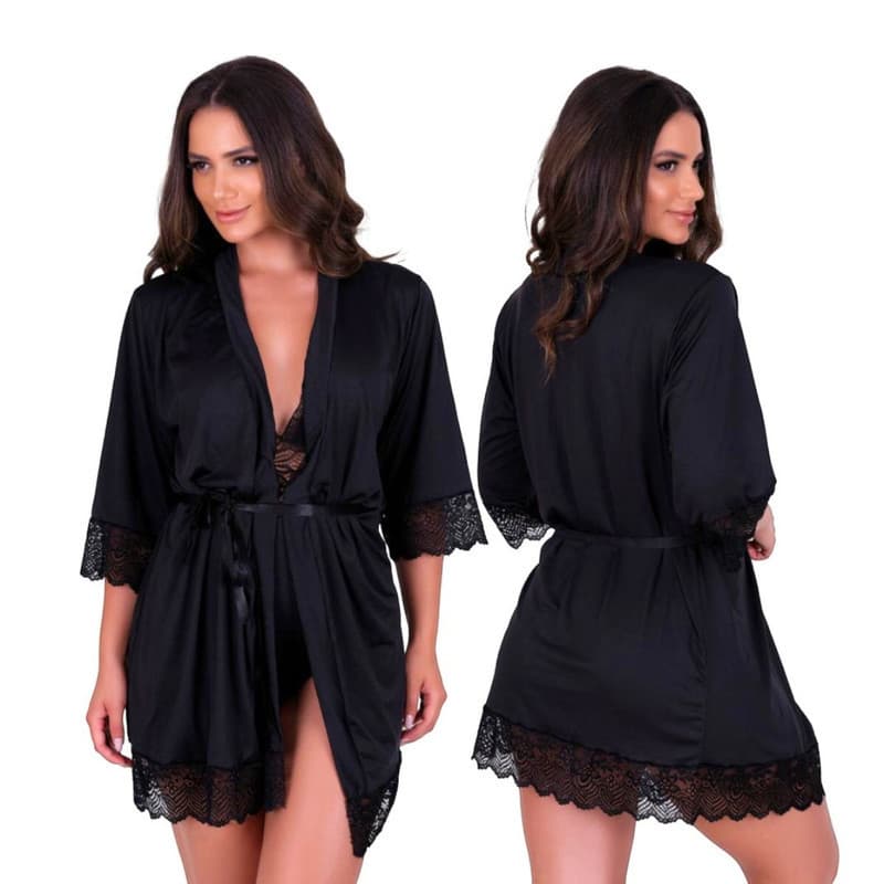 Robe Feminino Sensual Rendado Com Manga Longa Hoby Curto Romantic