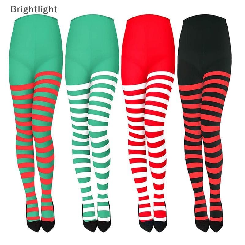 [Brightlight] Meia-Calça Feminina Listrada De Natal , De Comprimento Total , Alta Na Coxa Para Festa Maquiagem , Baile , Decoração , Fantasia De Cosplay [BR]