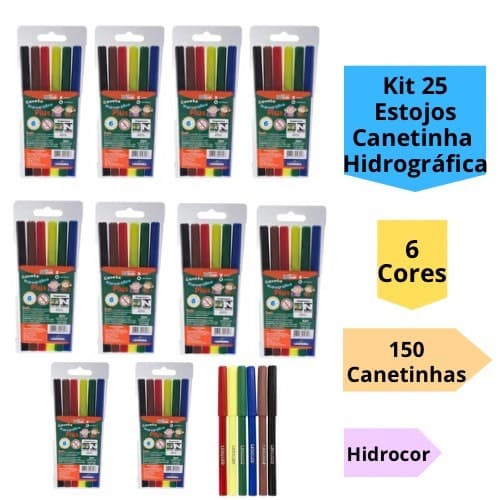 Kit 25 Estojos Canetinha Hidrográfica 6 Cores Hidrocor Infantil 150 Canetinhas Escolar Leo&Leo