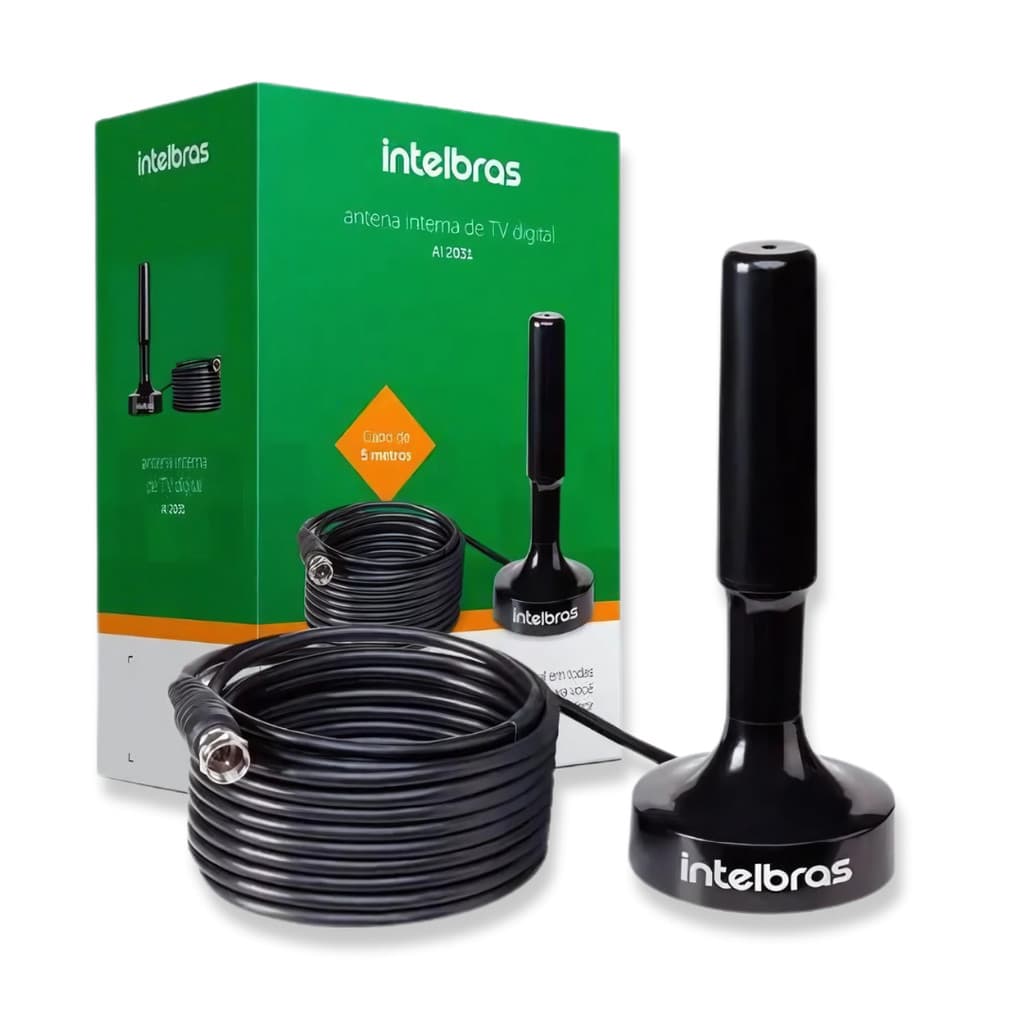 Antena Interna TV Digital Intelbras AI 2031 Preta Universal UHF-HDTV Imagens HD 4K Base Magnética Ímã Cabo Longo