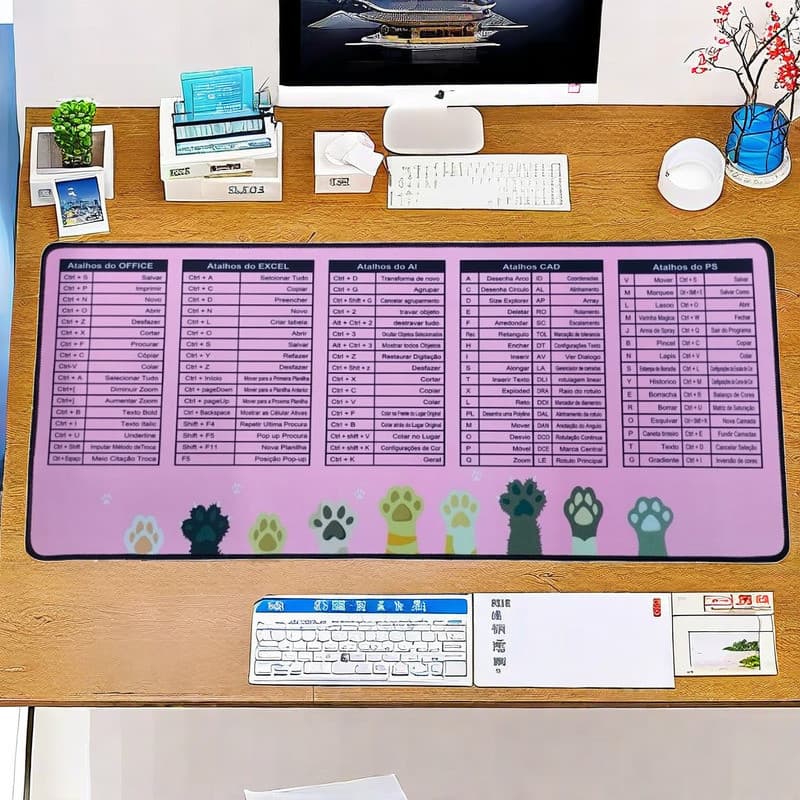Kit 2 mouse pad tema pata de gatinho 70x30 com informações de atalho