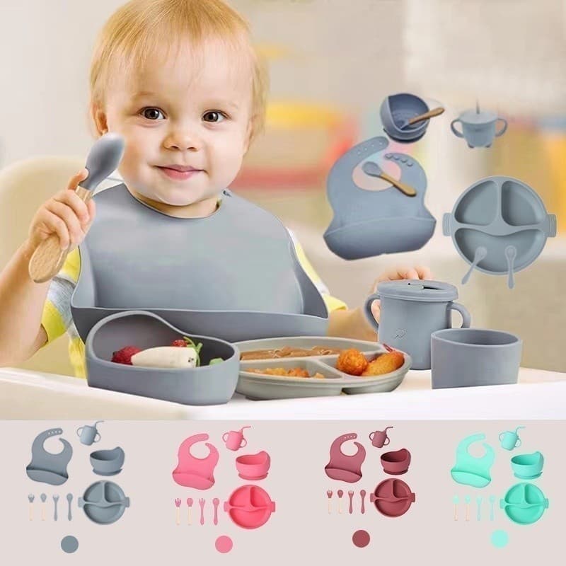 Talheres bebê silicone 8 Peças kit Talheres Infantil Com Ventosa Canudo Colher Babador Garfo