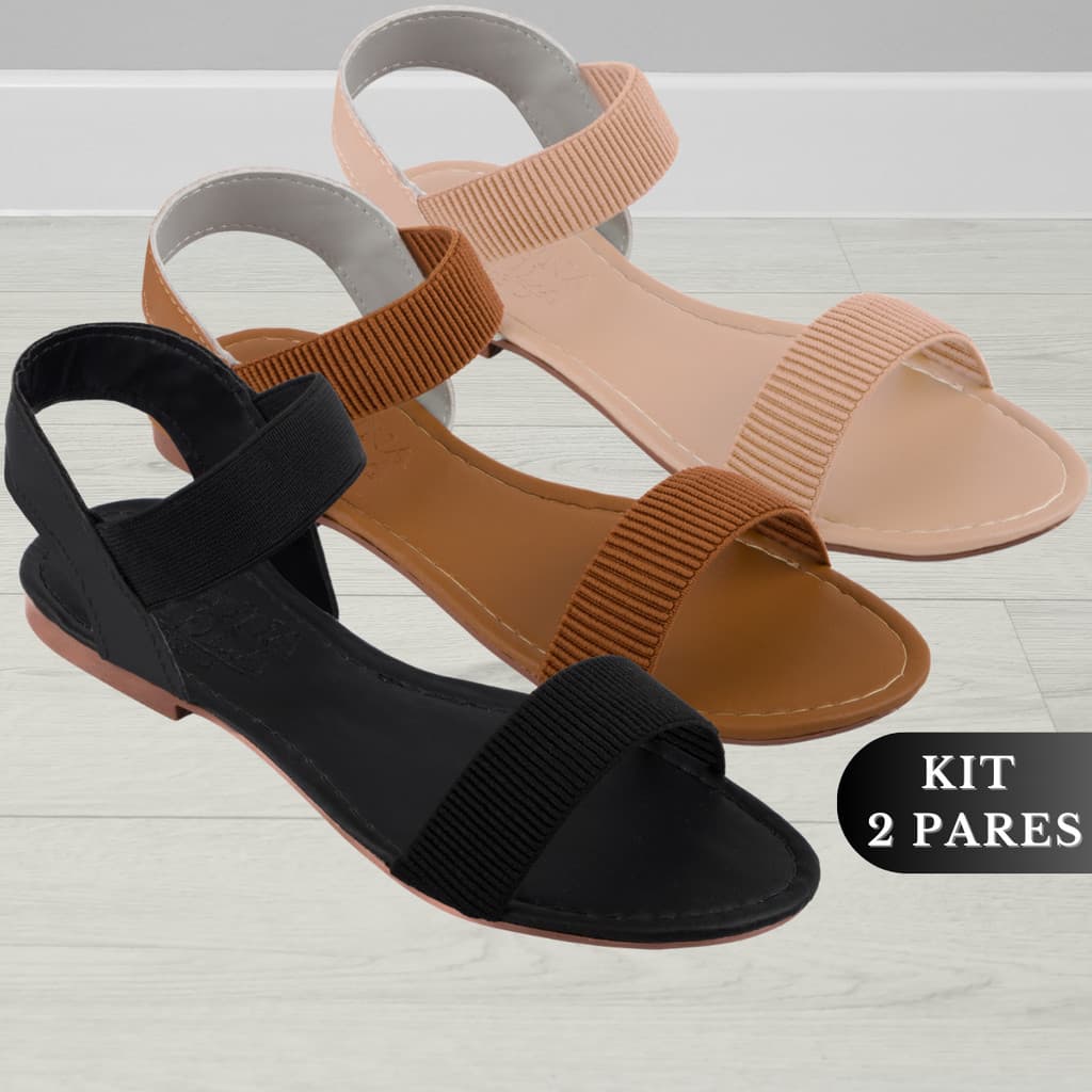 Sandália Feminina Rasteirinha Rasteira Feminina Kit 2 Pares Confortável Elástico Calce Fácil
