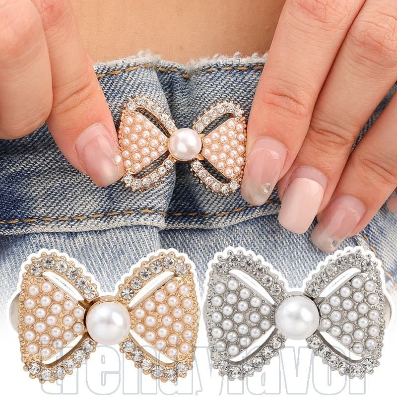3 Pares De Fivela De Cintura Com Laço De Pérola De Strass-Alfinetes De Botão De Pressão Para Calças , Jeans-Destacáveis 