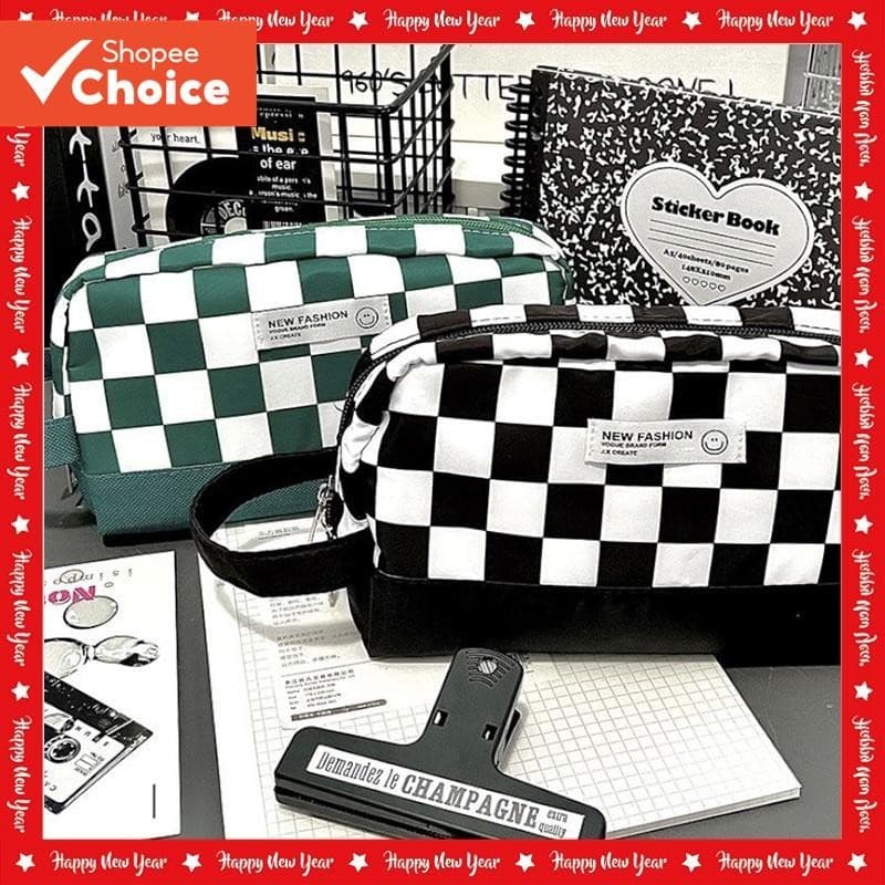 Saco De Lápis De Grande Capacidade Criativo Preto E Branco Grade Portátil Multifuncional Para Papelaria